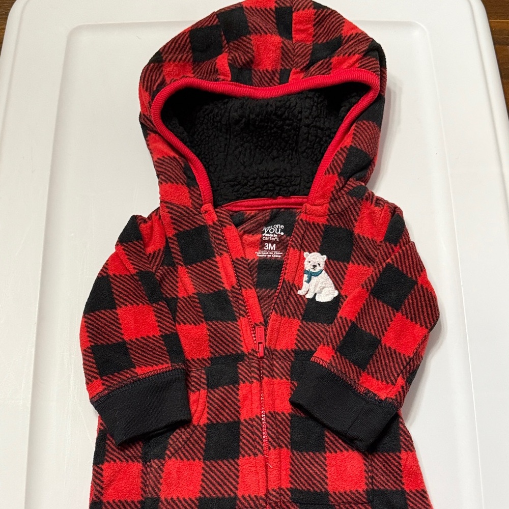 Carter's Red and Black Plaid Hooded One Piece